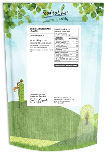 Food to Live Dried Lemongrass Leaves, 2 Ounces - Cut Lemon Grass Herb, Vegan, Bulk. Lemony Flavor and Aroma. Rich in Vitamin C. Essential Ingredient for Thai, Indian, Indonesian Dishes