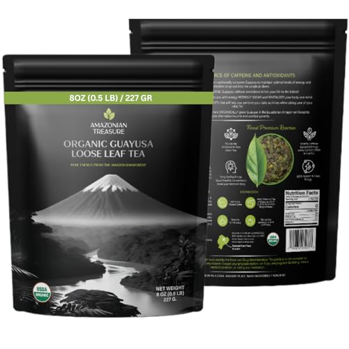 Amazonian Treasure Organic Guayusa Loose Leaf Tea, 8 OZ, (227G) 1/2LB, Smooth Energy Boost, Alternative to Coffee & Yerba Mate, 60 mg Caffeine per Serving.