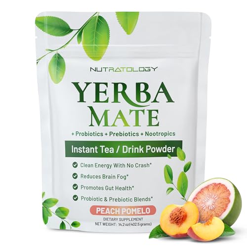 Yerba Mate Instant Tea Powder - 3-In-1 Super Drink - Clean Energy - Formulated With Nootropics To Boost Focus & Clarity - With Prebiotics & Probiotics To Boost Gut Health | Peach Pomelo - 30 Servings
