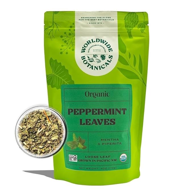 Worldwide Botanicals Organic Peppermint Loose Leaf Tea, 4 oz - Pacific Northwest Organic Cultivation, Highly Aromatic Digestive Tea, Antioxidant, Caffeine Free