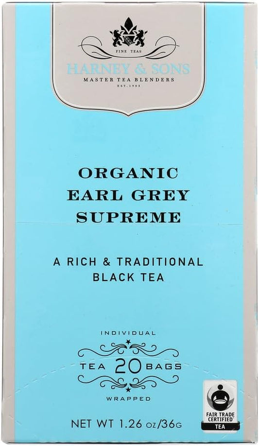 Harney & Sons Premium Tea, Organic Earl Grey Supreme Black Tea, Individually Wrapped Tea Bags, 20/box