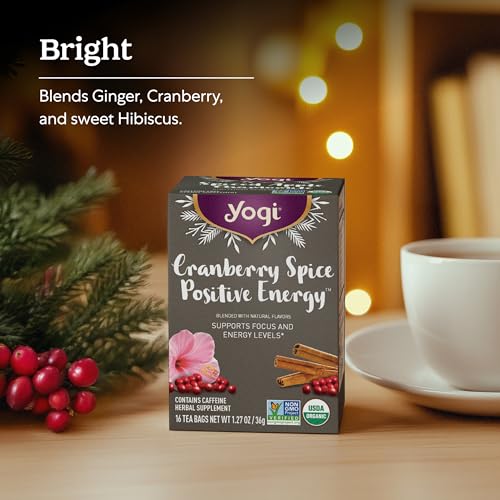 Yogi Tea Cranberry Spice Positive Energy - Organic Puerh Tea - Supports Focus & Energy - Caffeinated - Includes Cinnamon, Ginger & More - 16 Tea Bags Per Pack (4 Packs)