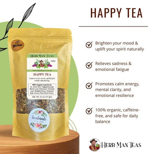 HAPPY TEA — Pleasant Organic Herbal Blend for a Feel-Good Daily Boost — by Master Herbalist Khabir — 100% Organic, Non-GMO, No Additives