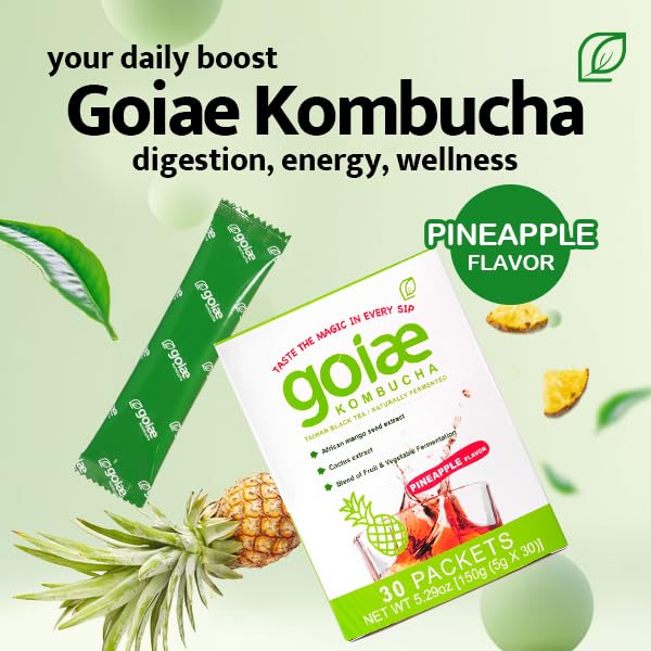 goiae Slimbucha,Pineapple Flavor 10 packets(Lemon • Apple)– Taiwanese High‑Altitude Tea • Rich in Postbiotics to Support Gut Flora • Patented Ingredients May Help Metabolism & Digestive Regularity • Only 18 Calories .Per Pack Packets,Net Wt. 1.76 oz(5
