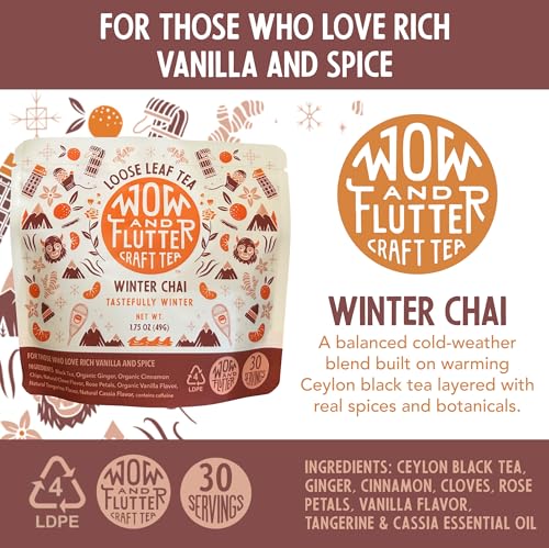 Wow and Flutter Winter Chai Loose Leaf Black Tea | Caffeinated Spiced Blend with Ginger, Cinnamon, Cloves, Vanilla & Rose | Bright Citrus Finish, Cozy At-Home Chai Lattes – 1.75 oz Pouch