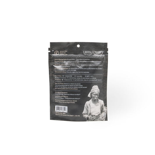 JusTea MT. KENYA BLACK Loose Leaf Black Tea, 40+ Cups Pouch, 4/5 Caffeine | Fair-Trade MT. KENYA BLACK Loose Leaf Black Tea. 90g/3.2oz Resealable Pouch. Steeps 40+ cups. 4/5 Caffeine. Organic.