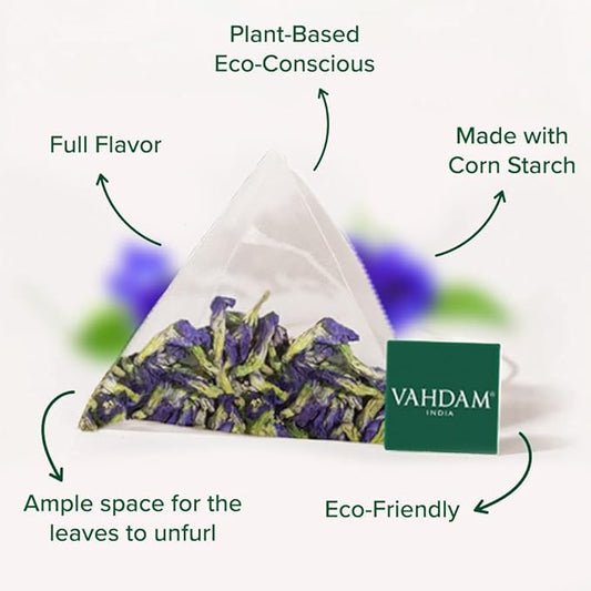 VAHDAM, Butterfly Pea Flower Tea Bags (40 Pyramid Teabags) Vegan, Non-GMO | Delicate & Earthy | Direct From Source - Plant Based Biodegradable Tea Bags | Brew Iced Tea, Cooking, Mocktails & Cocktails