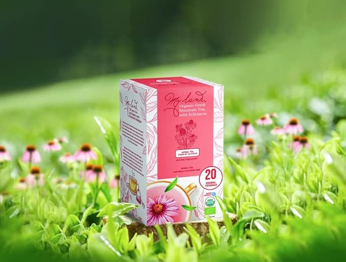 My Land Organic Greek Mountain Tea with Echinacea – Naturally Dried & Handcrafted Herbal Tea from Mount Olympus, 20 Count (Pack of 1)