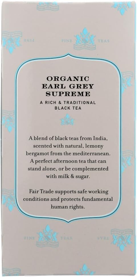 Harney & Sons Premium Tea, Organic Earl Grey Supreme Black Tea, Individually Wrapped Tea Bags, 20/box