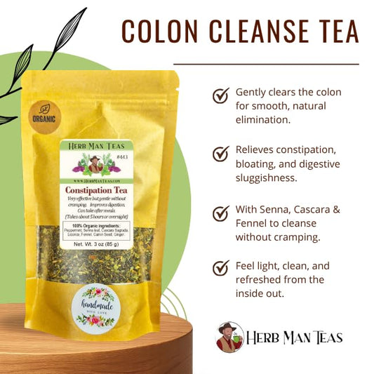 CONSTIPATION TEA – Effective Blend for Healthy Bowel Support, Gas & Bloating – by Master Herbalist Khabir – 100% Organic, Non-GMO, No Additives