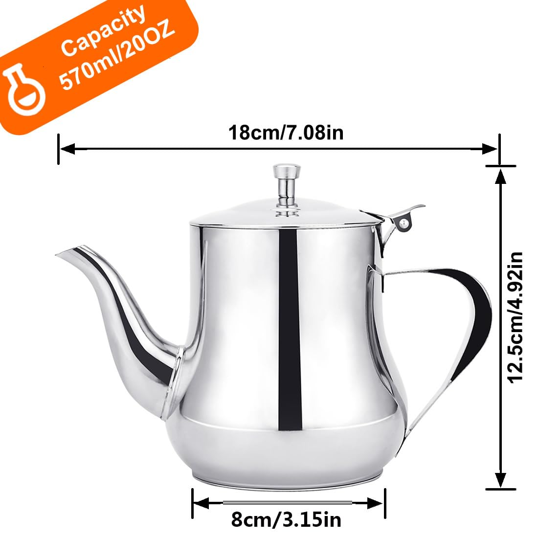 SANQIAHOME Small 570ml (20 oz) Stainless Steel Teapot, Mirror Polish