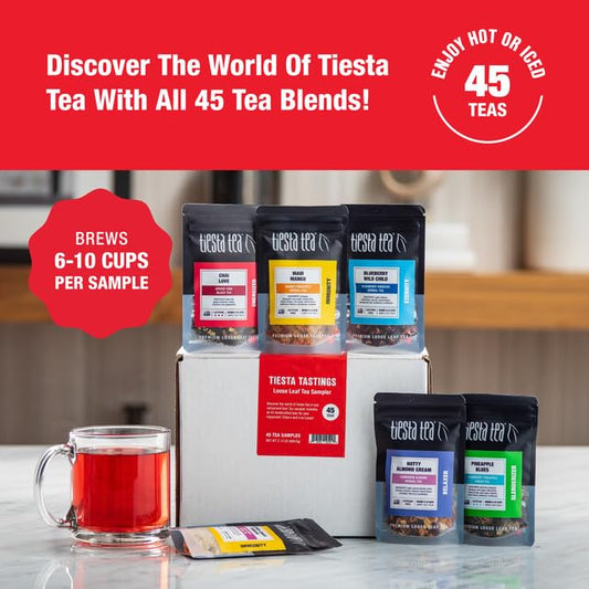 Tiesta Tea - Tiesta Tastings Sampler Dry Flight Set, Loose Leaf, High to No Caffeine, Makes Hot and Iced, Assorted Tea Sets with Herbal, Chai, Fruit Blend & More, 45 Resealable Sample Pouches