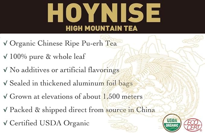 HOYNISE – Organic Pu-erh Tea Loose Leaf - Yunnan Fermented Ripe Puerh - Smooth & Earthy Flavor - High Mountain Grown Chinese Tea, 100g/3.5oz