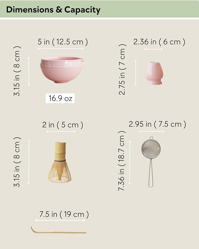 Matcha Set, 5 Pcs Matcha Whisk Set – Elegant Rounded Design Bowl with Folded Rim, Glossy Pink Glaze, Comfortable to Use