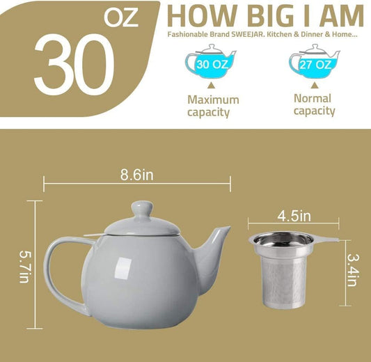 Sweejar Ceramic Tea Pots,30OZ Porcelain Teapot with Infuser(Blue) | Microwave and Dishwasher Safe,Tea Pots for Loose tea,Chrismas Women Gift