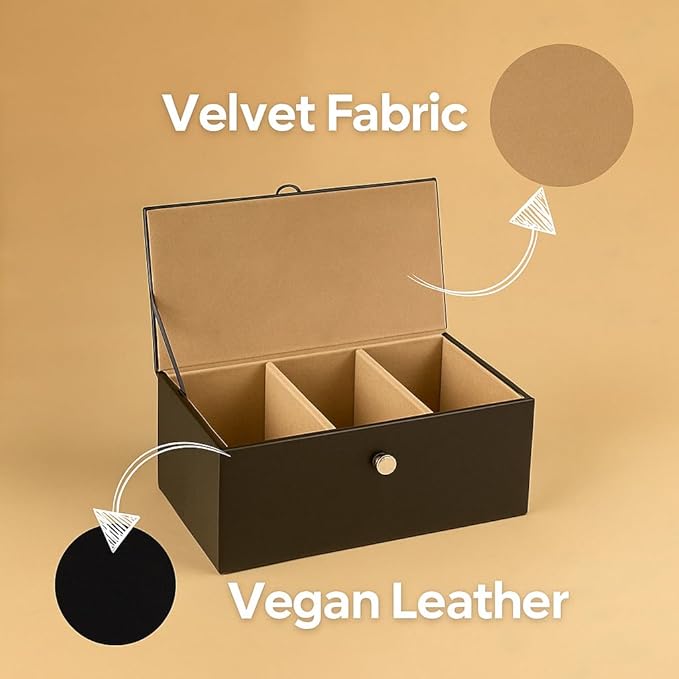 Premium Tea Box Organizer - Elegant Tea Bag Storage Container with 60 Tea Bag Holder Capacity - Vegan Leather Exterior and Velvet Fabric Interior - Black