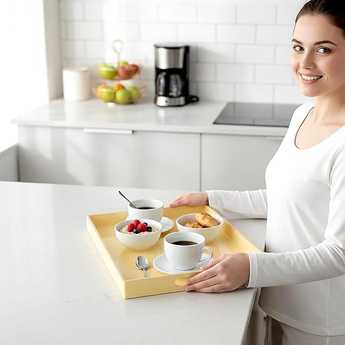 Zosenley Decorative Tray, Rectangular Plastic Tray with Handles, Modern Vanity Tray and Serving Tray for Bathroom, Kitchen, Ottoman and Coffee Table, 15.6” x 10.2” (Light Yellow)