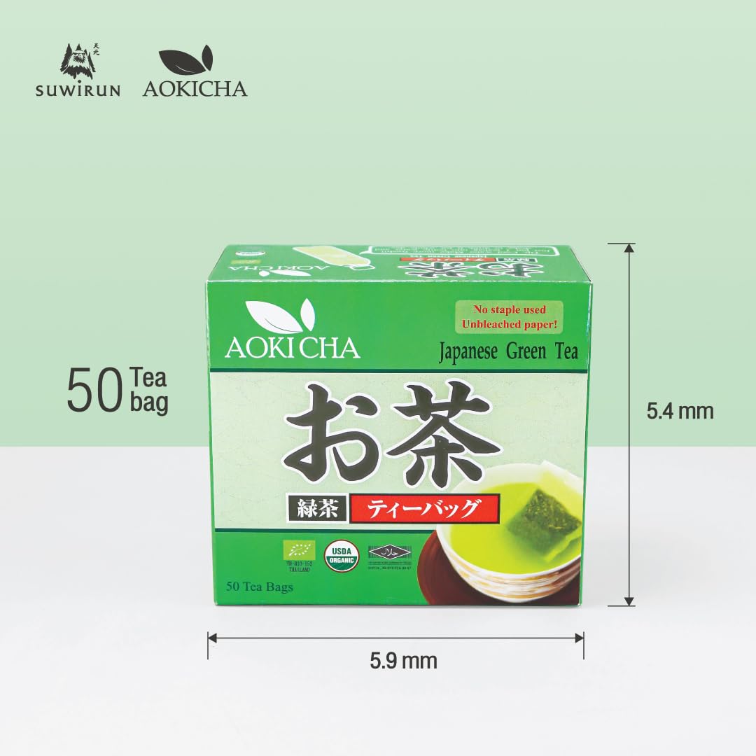 Suwirun Aoki Cha Organic Yabukita Japanese Green Tea 50 Bags – Smooth, Umami-Rich & Refreshing – Eco-Friendly, Unbleached Tea Bags for Hot & Cold Brew