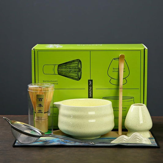 7 matcha whisk set 1 Matcha Whisk ,Matcha Bowl with Pouring Spout Scoop Matcha Whisk Holder Tea Making Kit. 1 matcha whisk set (7pcs), 15.2 Ounce (Yellow)