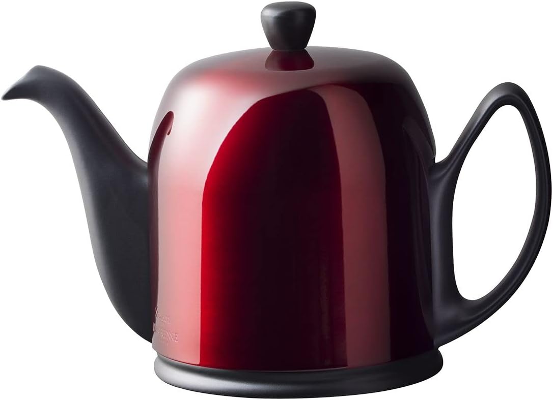Degrenne Salam Pomme D'Amour Luxury French Tea Pot - Porcelain Teapot with Red Stainless Steel Cover, Ceramic Tea Kettle for Loose Tea, Removable Infuser, 6 Cup Capacity, 36oz - Black