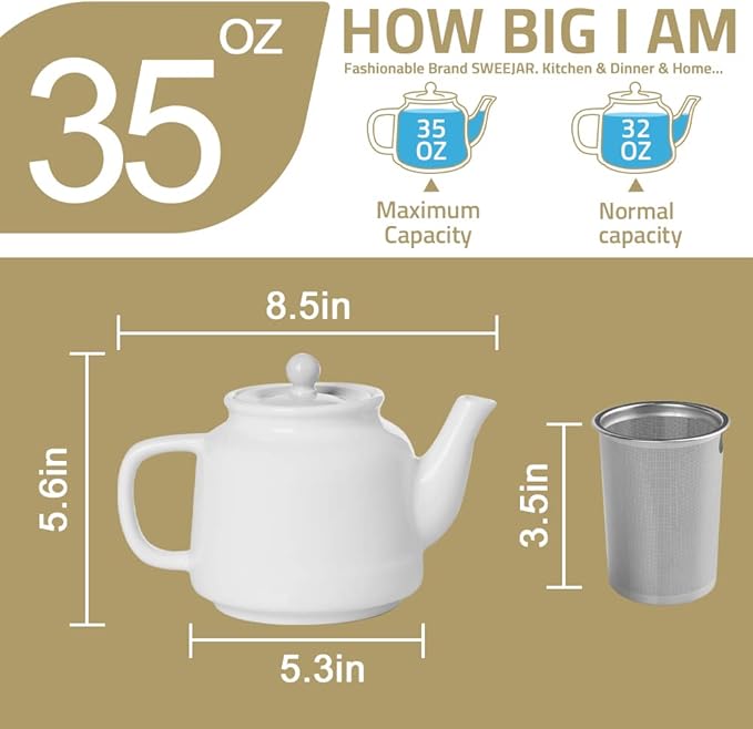 Sweejar 35 oz Porcelain Tea Pot, Teapot with Removable 18/8 Stainless Steel Infuser, Microwave & Dishwasher Safe Tea Maker