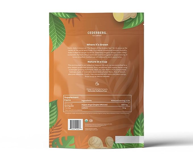 Organic Ginger Tea — 100 Tea Bags, Organic Herbal Tea From Single Origin, Eco-Friendly, Non-GMO Caffeine Free, Cederberg Tea Company.