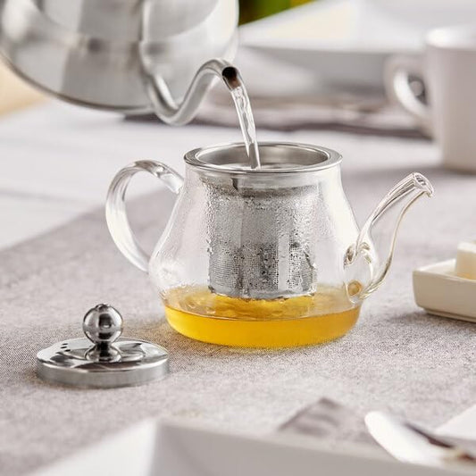 Azalea Glass Teapot, 12 oz, Clear Borosilicate Glass with Stainless Steel Infuser, Round Shape, Dishwasher Safe
