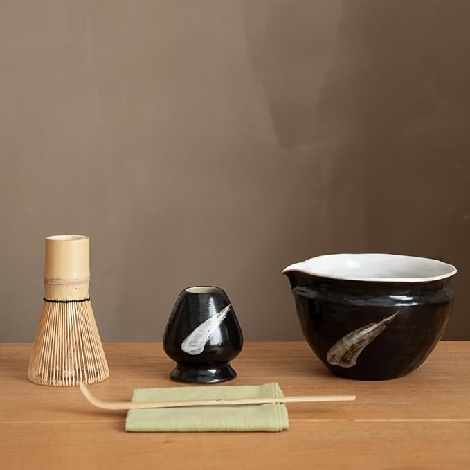 6-pcs Japanese Matcha Whisk Set with Handmade Wabi-Sabi Ceramic Bowl(Chawan),Bamboo Chasen, Whisk Ho
