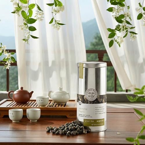 Golden Moon Tea Organic Jasmine Pearls Green Tea - Loose Leaf Dragon Pearls, Premium Grade, Non GMO - Travel Tin (48 Servings)