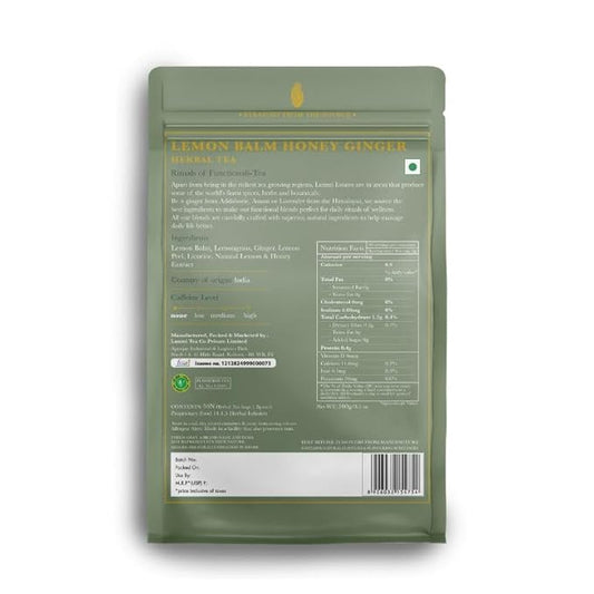 Luxmi Estates Lemon Balm Honey Ginger Loose Leaf Tea, 50 Tea Bags, Organic Herbal Tea, Caffeine Free Tea Bags for Relaxing, Calming, and Stress Relief, With Certified Organic Lemon Balm Tea