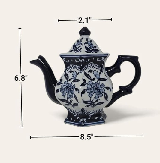 Teapot Blue and White Porcelain 16 Ounce China, Coffee Pot, Hexagonal