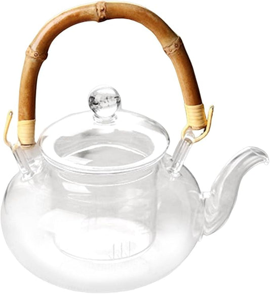 Glass Tea Pot with Infuser Wood Handle Carafe for Loose Leaf Beverage Milk