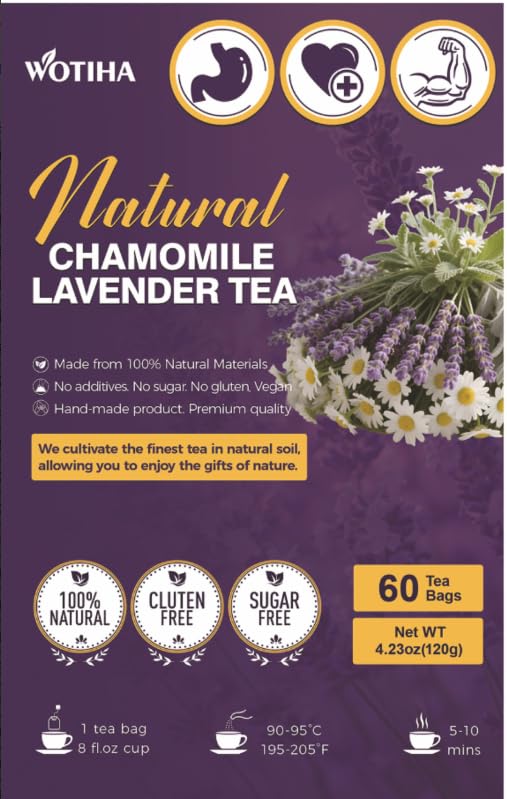 WOTIHA 60 Count Premium Chamomile Lavender Tea Bags - 100% Pure Flowers, Soothing Aroma, Supports Relaxation & Better Sleep, Caffeine-Free, Additive-Free, Sugar-Free, Vegan.Non-GMO