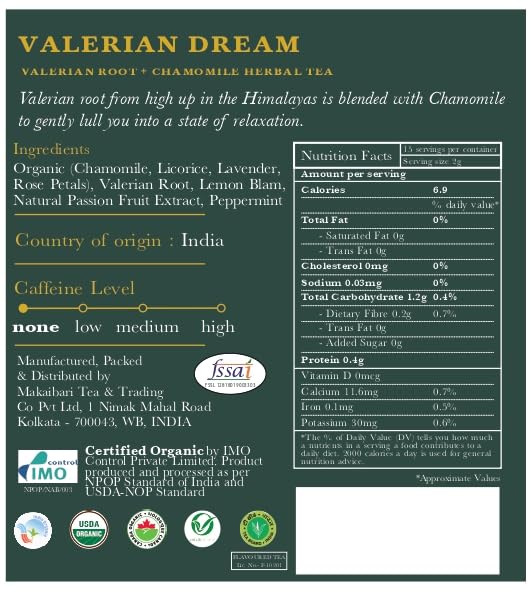 Luxmi Estates Valerian Dream Organic Valerian Root Tea (25 Tea Bags) Caffeine Free Tea Bags For Sleep, Relaxing, Calming, and Stress Relief, With Certified Organic Valerian Root Tea