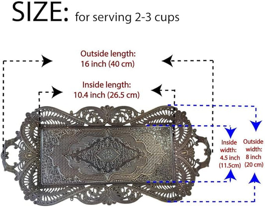 Small Antique Moroccan Coffee Tea Serving Tray Decor Decorative Handles Rectangle - Antique Arabic Brass Metal Fancy Rustic Farmhouse Candle Rectangular Bar Style Traditional Vintage Home Decor Tray