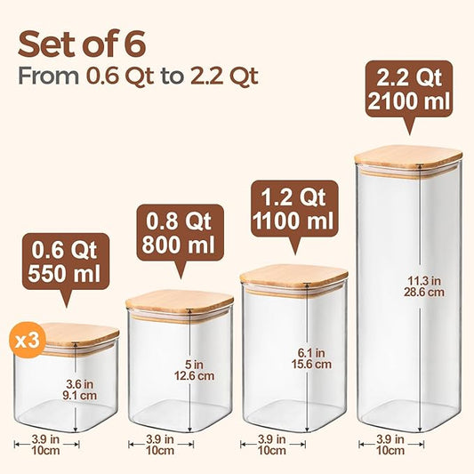 ComSaf Food Storage Containers with Airtight Lids Set of 6, Clear Glass Canister Food Jar with Sealing Lid Kitchen Pantry Storage Container for