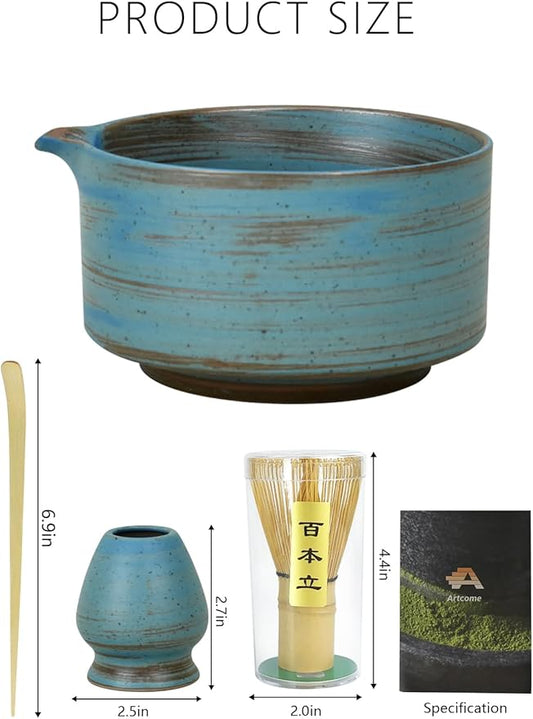 Artcome Japanese Matcha Bowl Set with Pouring Spout, Ceramic Matcha Whisk Holder, Bamboo Tea Scoop, Matcha Whisk, and Tea Manual