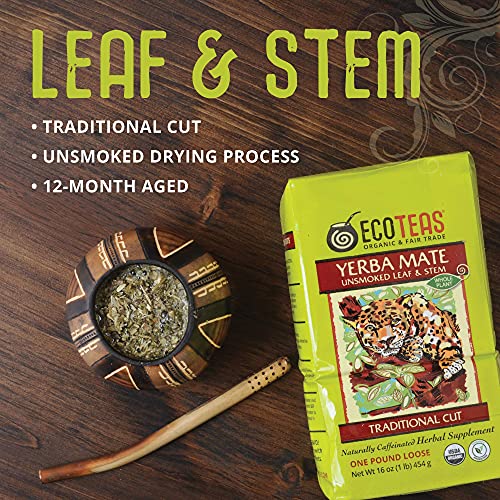 ECOTEAS Organic Yerba Mate Loose Leaf Tea – Unsmoked (Air Dried) Traditional Cut – 1 lb – From Argentina – Kosher, Non-GMO, Gluten-Free (Pack of 1)