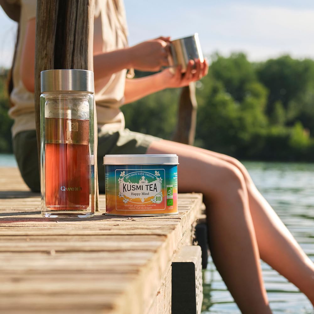 Kusmi Tea - Happy Mind - Organic Herbal Tea with Dragon Fruit, Turmeric, Apple, Chili Pepper, Moringa, Lemon & Ginger - Caffeine Free - Loose Leaf Tea - Tin Box of 3.5 oz - Quantity for about 50 cups