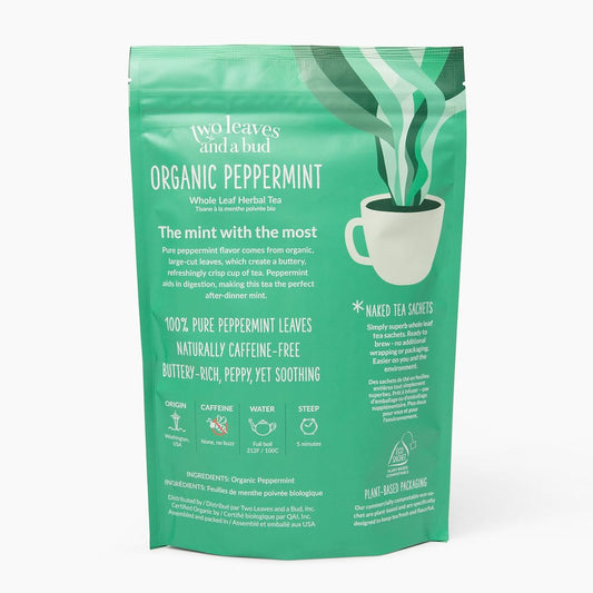Two Leaves and a Bud Organic Peppermint Naked Tea Sachets, 50 Ct | Naturally Caffeine Free, Whole Leaf Herbal Tea in Unwrapped Pyramid Sachets, Resealable Bag