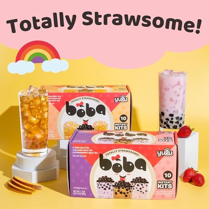 Boba Bundle Kit 10 Serv. Instant Bubble Pearl Variety Milk Tea Kit with Authentic Brown Sugar Tapioca Pearls by Yulu Foods - Ready in Under 1 Minute, Includes Paper Straws - Gift Box, Holiday (Classic, Mango Peach, Passionfruit)