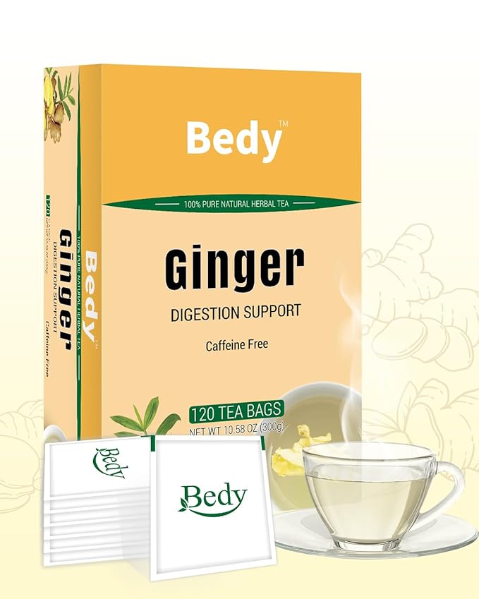 Bedy Ginger Tea Supports Healthy Digestion, Pure Natural Herbal Tea, Spicy & Warm, Caffeine Free, 120 Teabags Individually Wrapped