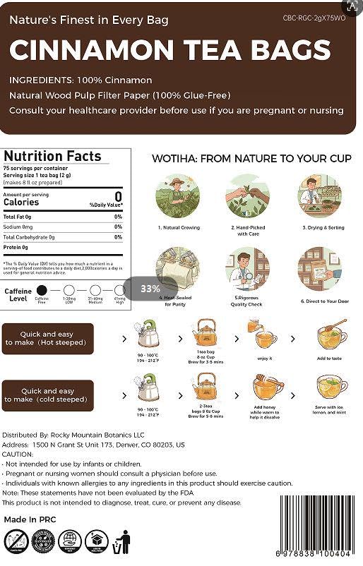WOTIHA Premium Ceylon Cinnamon Tea Bags (75 Count) - 100% Pure Cinnamon Sticks for Blood Sugar Support & Relaxation - Caffeine-Free, Sugar-Free, Vegan, No Additives