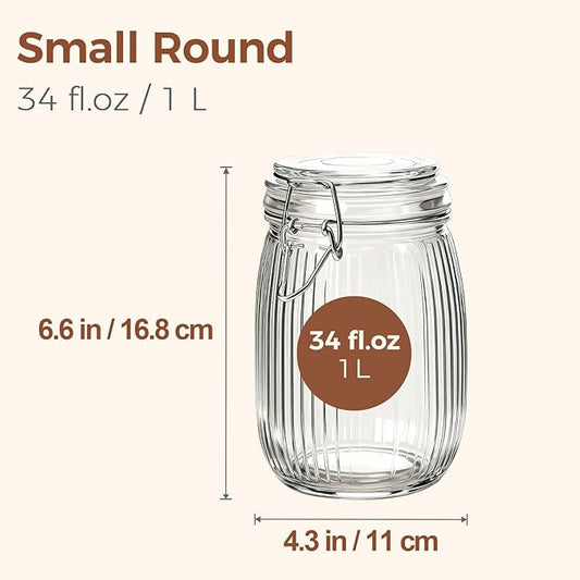 ComSaf Airtight Glass jar with lid 34oz Set of 3, Glass Storage Containers with Lids, Glass Canisters, Striped Clip Fastening Jar for Kitchen Canning
