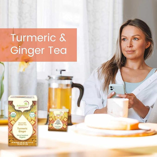 Adanim Bio Turmeric Ginger Herbal Tea 20 Individually Wrapped Tea Bags Organic Caffeine Free Herbal Infusion with Turmeric Ginger USDA Organic