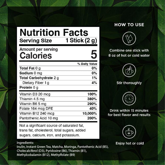 VitaCup Green Tea Instant Packets with Matcha, 10ct | B Vitamins, D3