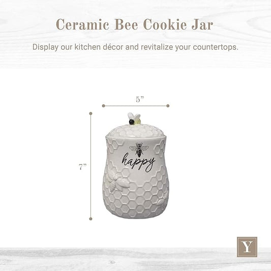 Young's Inc. Ceramic Honey Bee Cookie Jar with Lid and Handle – Honeycomb Design, 5.75" x 5.83" x 7.87", Decorative and Functional Kitchen Storage - Tea Canister