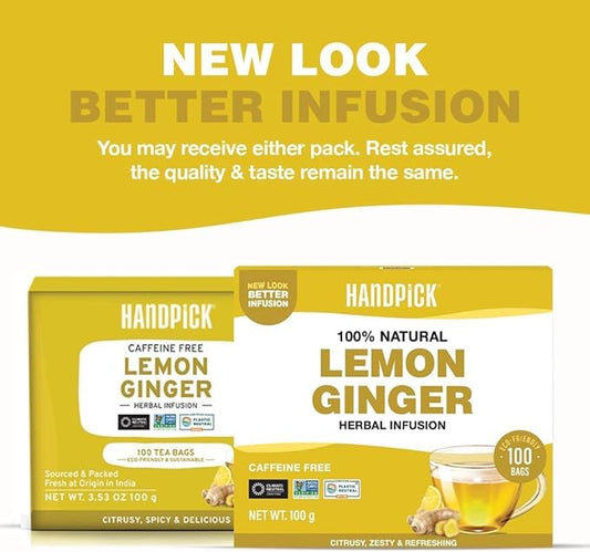 HANDPICK, Lemon Ginger Herbal Tea - 100 Pyramid Tea Bags | 100% Natural Ingredients, Tasty & Citrusy Hand-made Blend of Lemon & Ginger | Caffeine Free, Gluten Free | No Artificial Ingredients