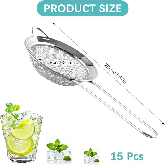 15 Pcs Stainless Steel Small Strainer, Small Fine Mesh Tea Strainer, Mini Stainless Steel Sieve with Handle, Kitchen Metal Sifter Strainers for Tea, Juicing, Coffee, Cocktail, Powdered Sugar, Matcha