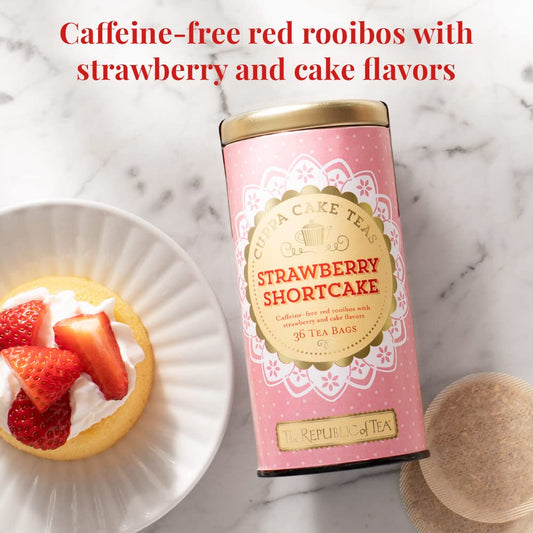 The Republic of Tea Cuppa Cake Strawberry Shortcake Herbal Tea, 36 Count | Caffeine Free. Suitable for day or evening sipping. Bright with a tart finish. Gluten Free and Kosher. Made with hibiscus.